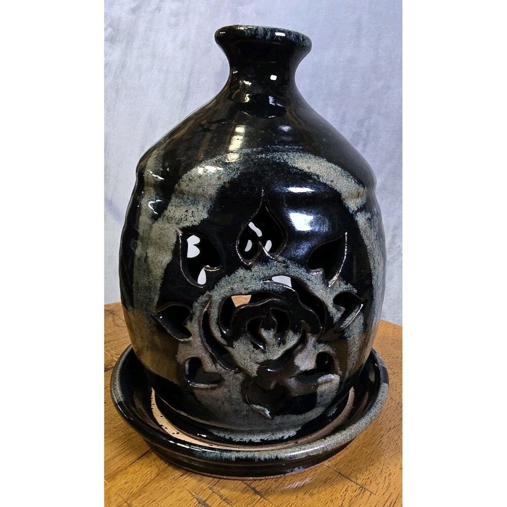 Midnight Sun Pottery Garold Amsberry Ceramic Candle Holder Black Green Marbled